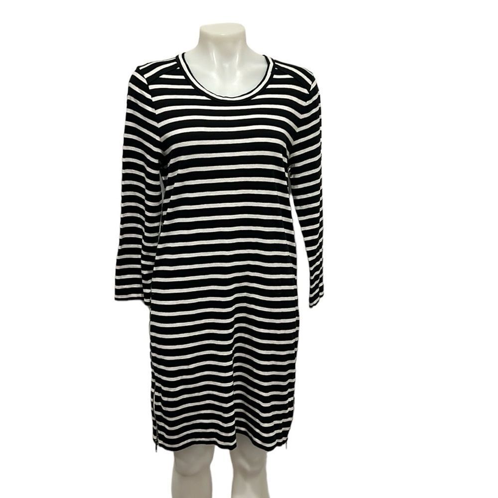 J.Crew black with white stripes cotton 3/4 sleeve dress with side zippers size M
